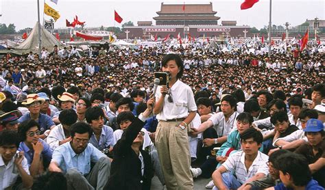 A student movement leader speaking at Tiananmen Square, during the student-led demonstrations ...