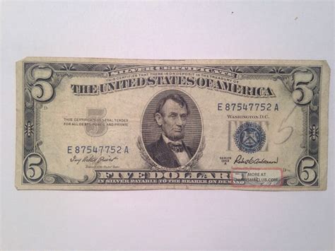 Old 1953 Five Dollar Bill $5 Blue Seal Silver Certificate Note ...