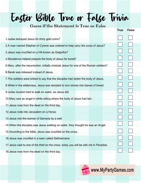 Free Printable Easter Bible True or False Trivia Quiz