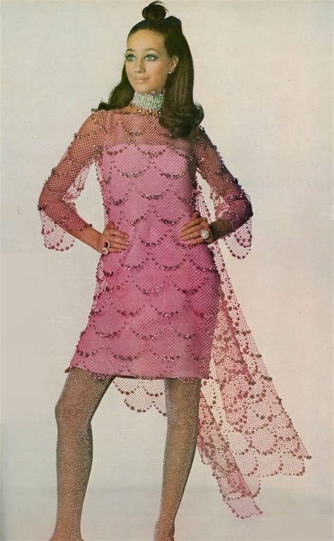 1968 late 60s cocktail dress pink mini above the knee sheer illusion lace sequins sheath party ...