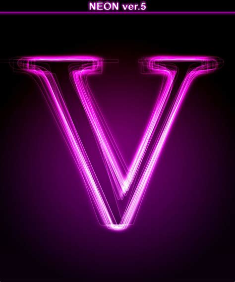 Glowing neon letter on black background. Letter V. (Full font in ...