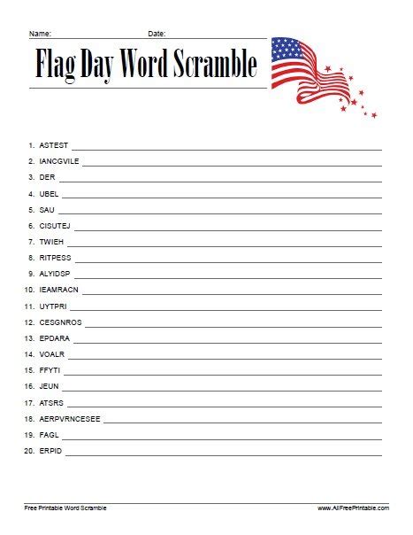 Flag Day Word Scramble – Free Printable