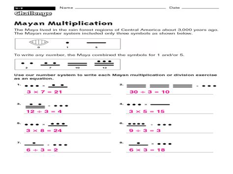 Mayan Multiplication Worksheet for 3rd - 4th Grade | Lesson Planet