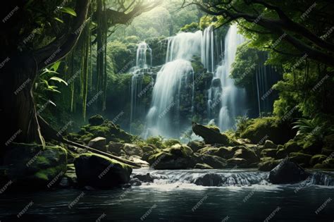 Premium AI Image | Serene Waterfall in Lush Forest Setting Generative AI