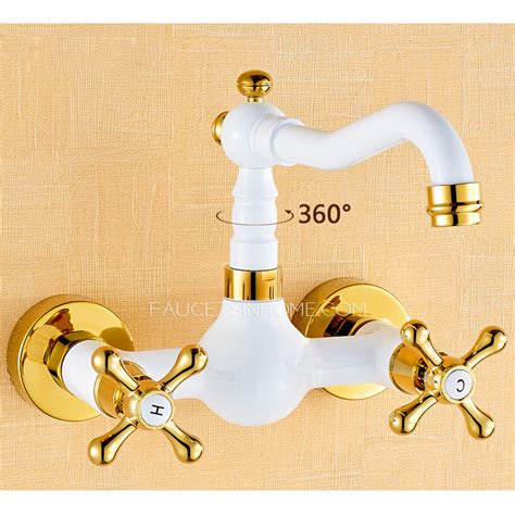 Vintage White Painting Wall Mount Bathroom Faucet Two Handles