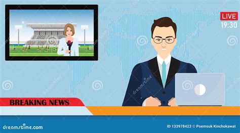News Anchor Broadcasting the News with a Reporter Live on Screen Stock ...