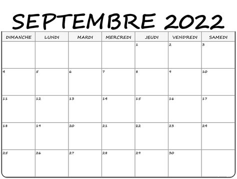 Calendrier Mois de Septembre 2022 | 2022 Calendrier