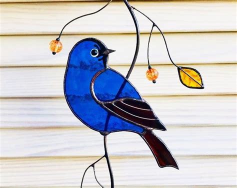Chickadee stained glass bird suncatcher anniversary gift / birds lover custom stained glass ...
