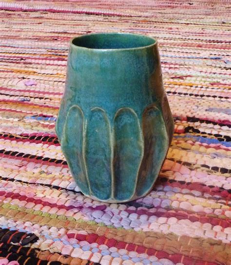 Fluted stoneware vase glazed with 2 coats Amaco Potter's Choice Celadon followed by 2 coats Art ...