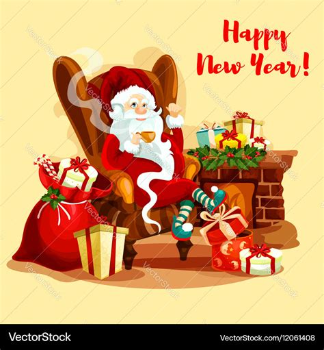 Santa with gifts sitting near fireplace Royalty Free Vector