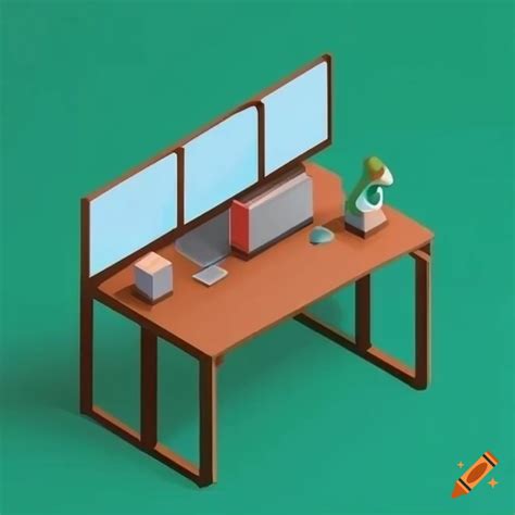 Isometric view of a cartoon office desk with four screens