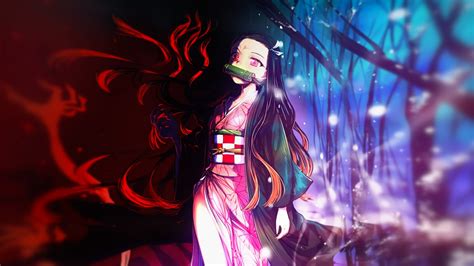 Demon Slayer Nezuko Kamado With Background Of Red Black And Blue ...