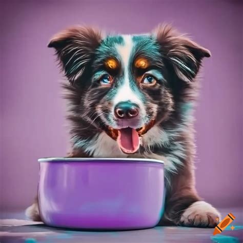 Border collie puppy drinking water from a purple bowl