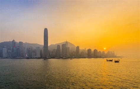 Hong Kong Central skyline and Victoria Harbour at sunset, Hong Kong, China stock photo