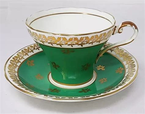VINTAGE AYNSLEY FINE Bone China Emerald Green Gold Leaf Tea Cup Saucer $24.99 - PicClick
