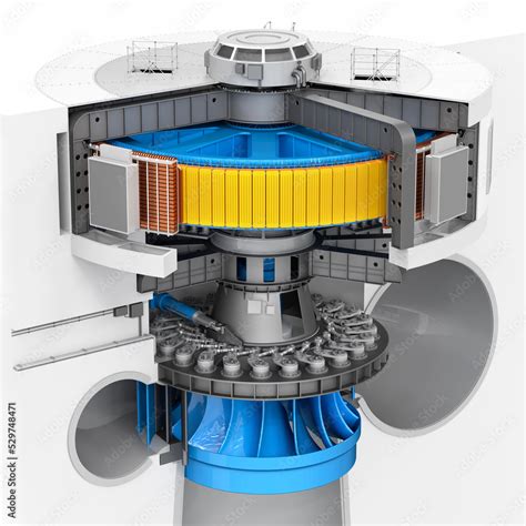 Turbine hydroelectric power plant with a generator in section. 3d ...