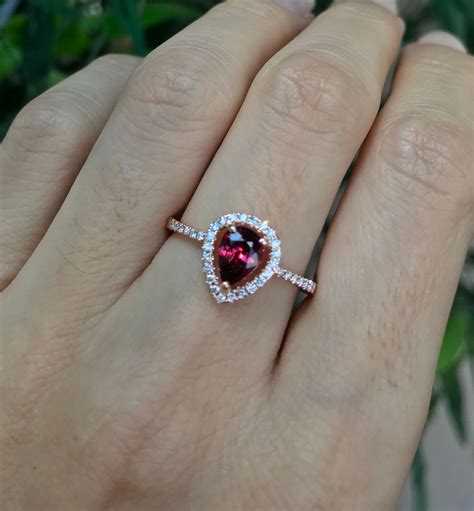 Teardrop 0.88ct Garnet Engagement Ring- Red Garnet Diamond Halo Ring- Genuine Garnet Promise ...