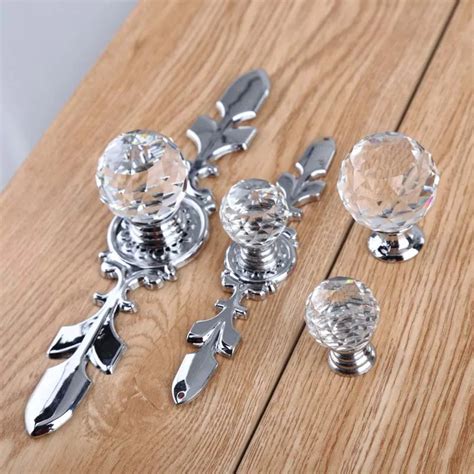 Fashion deluxe clear crystal dresser kitchen cabinet door handles silver glass drawer cupboard ...