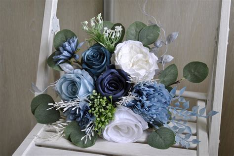 Dusty Blue White Wedding Bouquet Winter Wedding Navy Blue - Etsy