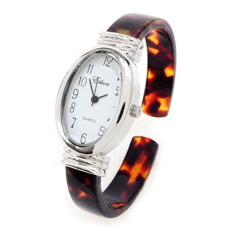 Tortoise Silver Acrylic Band Oval Face Women's Bangle Cuff Watch - Walmart.com