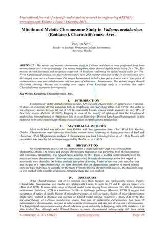 Mitotic and Meiotic Chromosome Study in Vallenus malabaricus (Boddaert). Charadriiformes: Aves ...