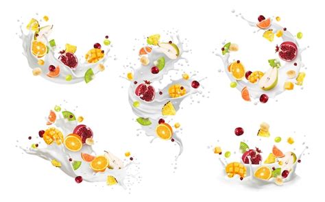 Premium Vector | Realistic milk drink wave splash and ripe fruits