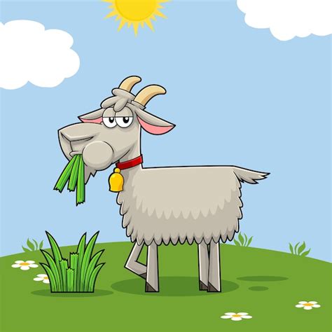 Premium Vector | Funny goat cartoon character eating a grass on a hill vector hand drawn ...