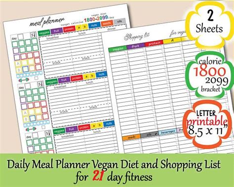 1800 Calorie Meal Plan Vegan Daily Meal Planner 1800 Calorie - Etsy | Daily meal planner, Vegan ...