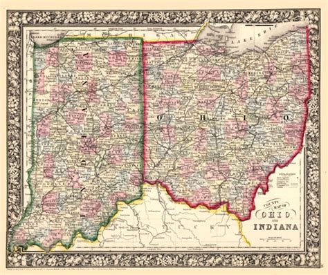 County Map of Ohio and Indiana - Art Source International