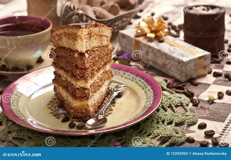 Cake with tea or coffee stock image. Image of diner, custard - 12202903