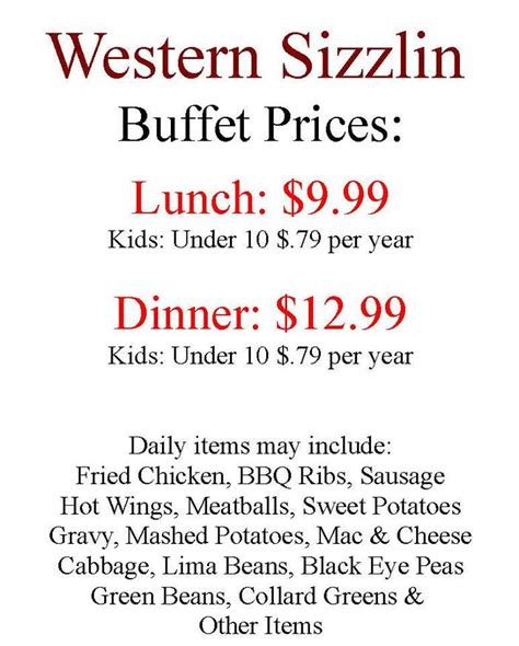 Western Sizzlin Menu, Opelika, AL