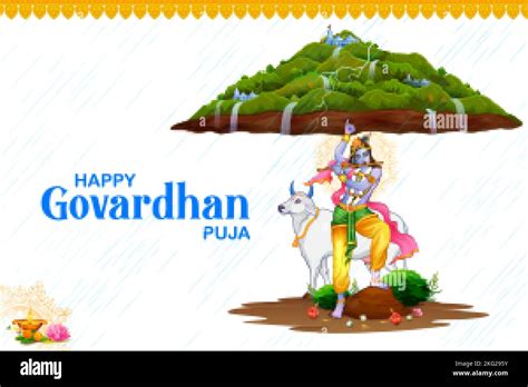 illustration of Lord Krishna lifting Govardhan mountain on Govardhan ...