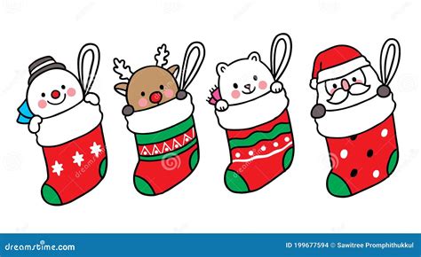 Hand Draw Cartoon Cute Merry Christmas, Snowman, Deer, Polar Bear and Santa Claus in Big Socks ...