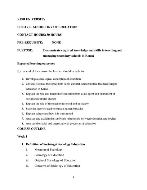 Sociology OF Education Course Outline - KISII UNIVERSITY EDFO 213 ...