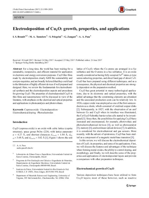 (PDF) Electrodeposition of Cu2O: growth, properties, and applications | Iuri Brandt - Academia.edu