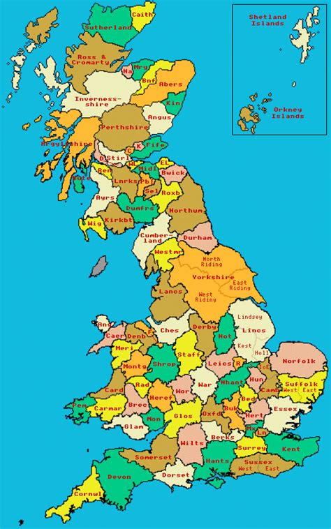 Map of pre-1974 Counties of Great Britain (England, Scotland and Wales)