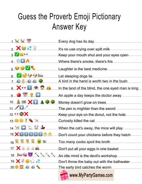 Free Printable Guess the Proverb Emoji Pictionary Quiz | Guess the ...