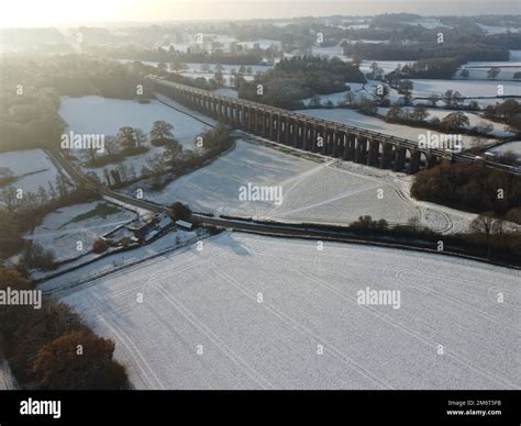 Aerial view of Ouse Valley Viaduct in the snow, winter 2022 Stock Photo - Alamy