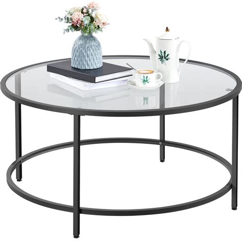 Easyfashion Round Glass-Top Coffee Table Metal-Framed End Table, Black ...