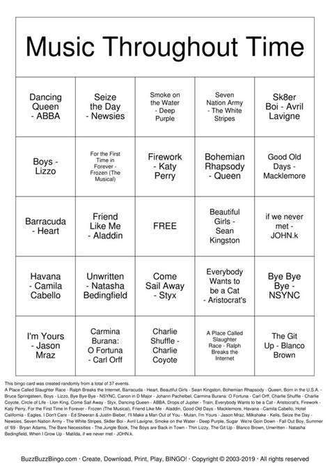 Free Printable Music Bingo Cards