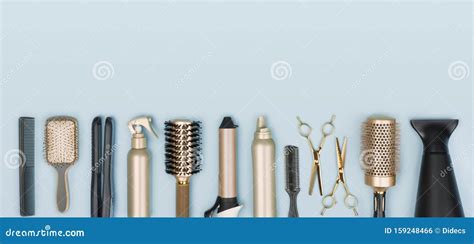 Hair Stylist Tools Arranged in a Line on Blue Background Stock Photo - Image of haircut, modern ...