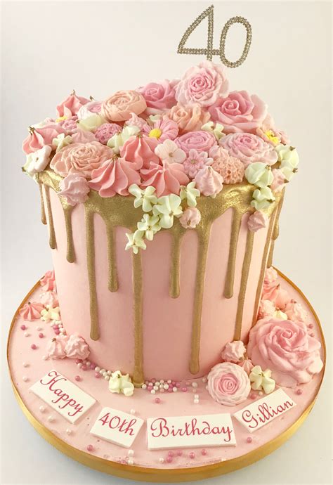 Pink and gold drip cake With sugar flowers @thedanesbakery | Adult birthday cakes, 40th birthday ...
