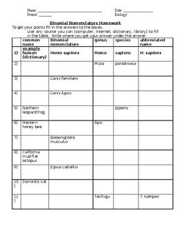 Binomial Nomenclature Homework/Worksheet by Coach B's Store | TpT