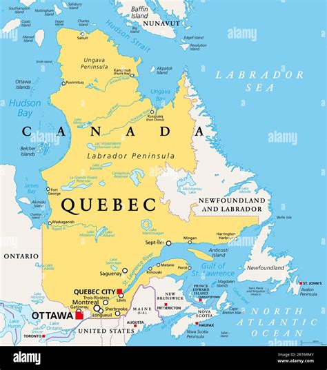 Quebec, largest province in the eastern part of Canada, political map ...