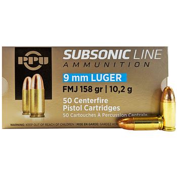 9mm Subsonic Ammo 158gr FMJ PPU Privi Partizan 50 Round Box