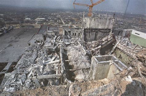 A closeup of the damage to Unit 4, photographed from the roof of Unit 3 : r/chernobyl