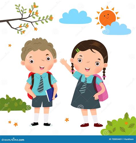 Two Kids In School Uniform Going To School Cartoon Vector ...