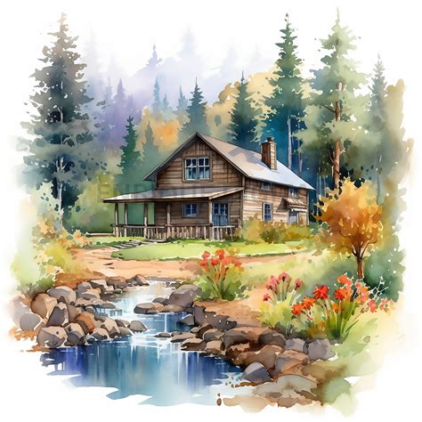 Forest Cabin Art Forest House Cabin in Woods Houses - Etsy