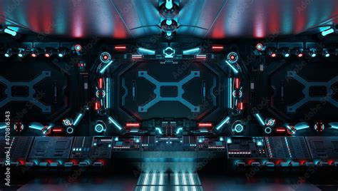 Dark spaceship interior with glowing control panels. Futuristic space ...