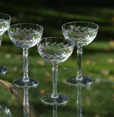 Vintage Etched CRYSTAL Champagne Coupes - Cocktail Glasses, Set of 4, Fostoria, Holly, circa ...